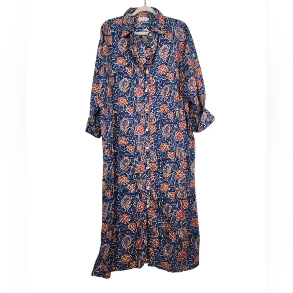 Mare.Sole.Amore Blue Floral Paisly Long SLV Collared Button Down Shirt Dress XL